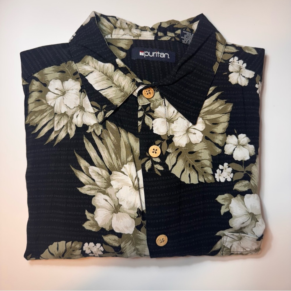 Puritan Hawaiian Shirt Men's Black Floral Wood Button Up With Pocket 2XL